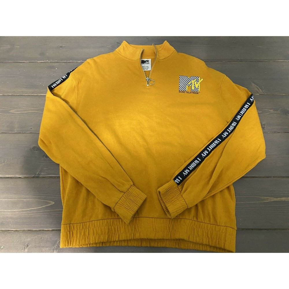 Retro "I Want My MTV" Large Elastic Waist Quarter Zip Spell-Out Sweatshirt -Used